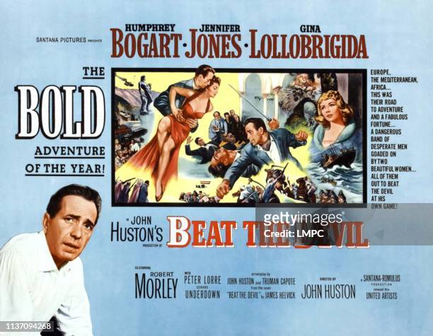 Beat The Devil, poster, top l-r: Humphrey Bogart, Gina Lollobrigida, Humphrey Bogart, Jennifer Jones, bottom left: Humphrey Bogart on poster art,...