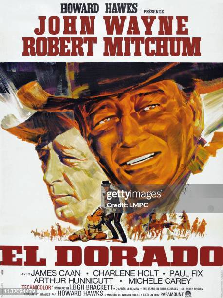 El Dorado, poster, l-r: Robert Mitchum, John Wayne on French poster art, 1966.