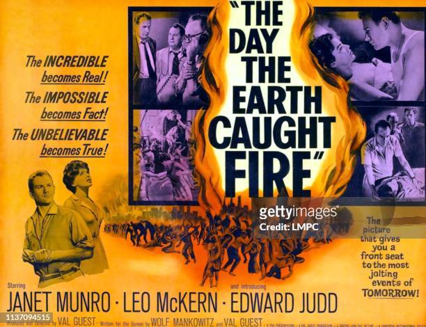 The Day The Earth Caught Fire, poster, bottom l-r: Edward Judd, Janet Munro, right: Leo McKern in collage on poster art, 1961.