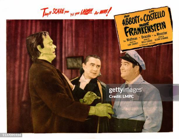 Abbott And Costello Meet Frankenstein, lobbycard, from left: Glenn Strange, Bela Lugosi, Lou Costello, 1948.