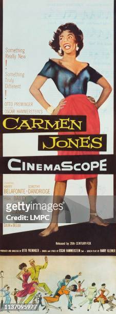 Carmen Jones, poster, top: Dorothy Dandridge; bottom: large figures top: Dorothy Dandridge, Harry Belafonte, 1954.