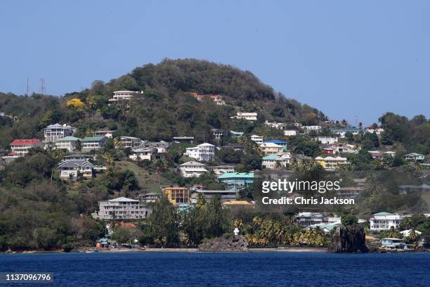 General view of the coastline during Prince Charles, Prince of Wales' visit to the St. Vincent and Grenadines Coastguard on March 20, 2019 in...