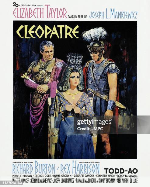 Cleopatra, poster, , French poster art, from left: Rex Harrison, Elizabeth Taylor, Richard Burton, 1963.