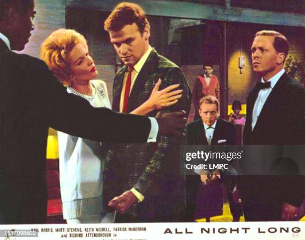 All Night Long, lobbycard, front from left: Paul Harris, Marti Stevens, Keith Michell, Patrick McGoohan, Richard Attenborough, 1962.