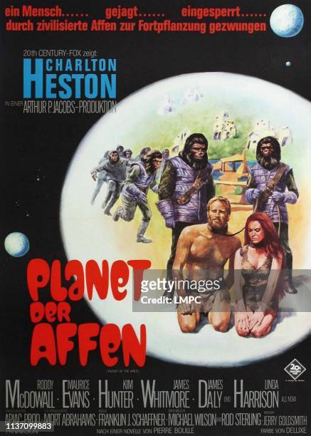 Planet Of The Apes, poster, , German poster art, front, from left: Charlton Heston, Linda Harrison, 1968.