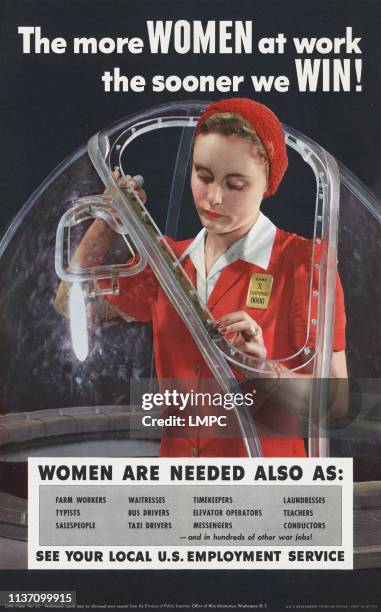World War Ii, poster, poster depicting a woman working in an airplane factory, reads: 'The more women at work the sooner we win!', photograph by...