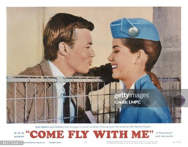Come Fly With Me, lobbycard, from left: Karl Boehm, Dolores Hart, 1963.