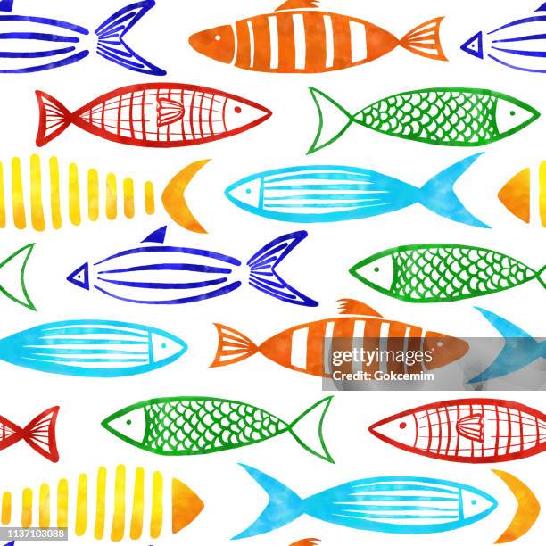 stockillustraties, clipart, cartoons en iconen met rood, oranje, geel, turquoise, blauw en groen aquarel vissen naadloos patroon met witte achtergrond. - bultrug