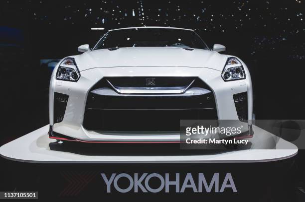 The Nissan GTR at the Geneva International Motorshow 2019. Nissan placed a special "Yokohama edition" GTR on show, complete with Yokohama Livery down...