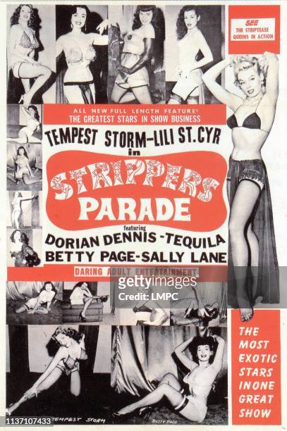 Strippers Parade, poster, Tempest Storm , Dorian Dennis , Bettie Page , Sally Lane , Lili St. Cyr , circa mid 1950s.