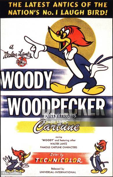 Woody Woodpecker, poster, poster art for animated shorts, text reads: 'The latest antics of the nation's no. 1 laugh bird!, A Walter Lantz cartune',...