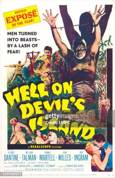 Hell On Devil's Island, poster, Rex Ingram , bottom right: Jean Willes, Helmut Dantine, 1957.