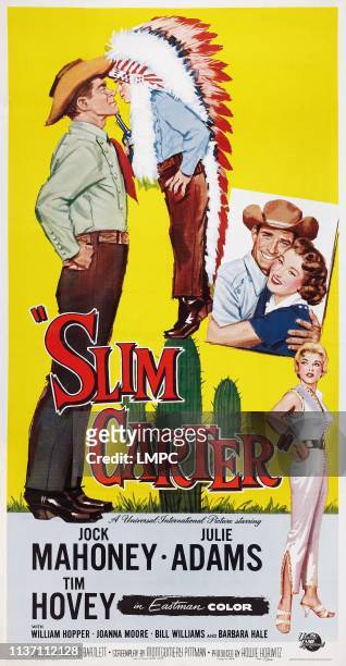 Slim Carter, poster, poster art, l-r: Jock Mahoney, Tim Hovey, Jock Mahoney, Julie Adams, Joanna More, 1957.