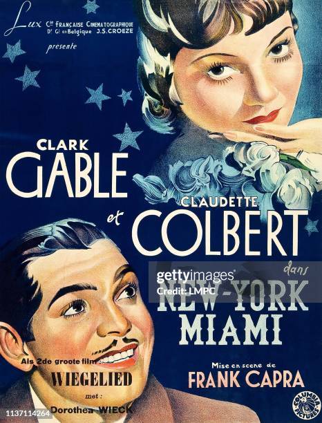 It Happened One Night, poster, , from top: Claudette Colbert, Clark Gable on Belgian poster art, 1934.