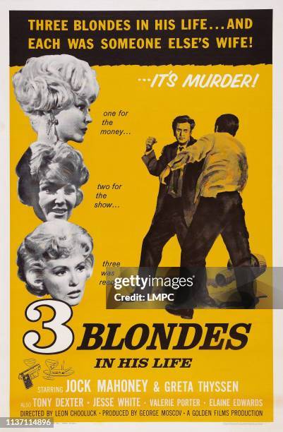 Three Blondes In His Life, poster, , US poster art, left from top: Greta Thyssen, Valerie Porter, Elaine Edwards; right: Jock Mahoney, 1961.