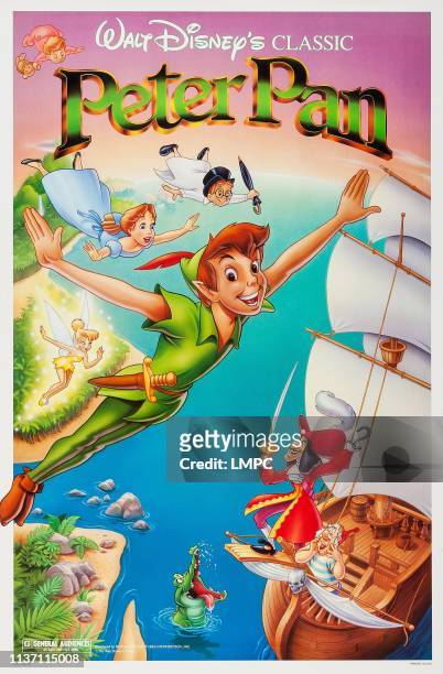Peter Pan, poster, US poster, from top: John, Wendy, , Tinkerbell , Captain Hook, 1953.
