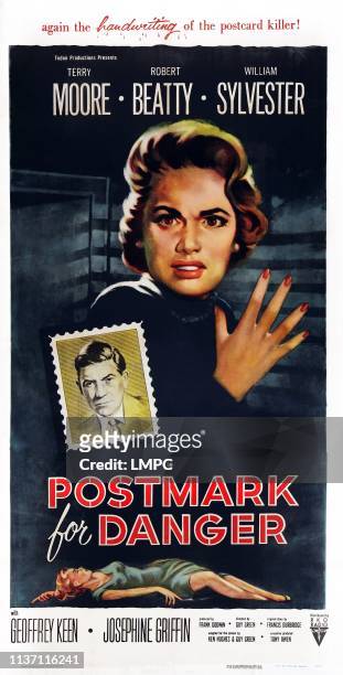 Postmark For Danger, poster, , US poster art, from left: Robert Beatty, Terry Moore, 1955.