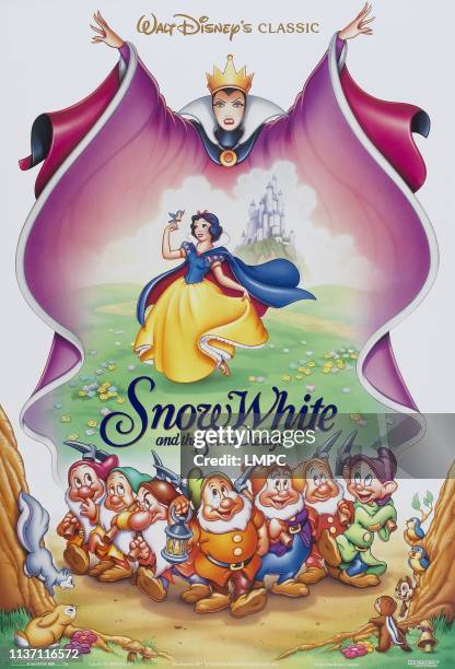 Snow White And The Seven Dwarfs, poster, US reissue poster art, from top: Evil Queen, Snow White, Seven Dwarfs, 1937.