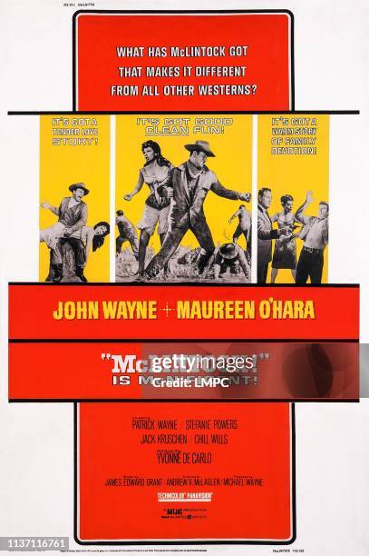 Mclintock!, poster, US poster art, left and center insets: John Wayne, Maureen O'Hara; right inset: John Wayne, Stefanie Powers, Patrick Wayne, 1963.