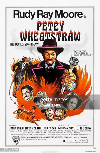 Petey Wheatstraw, poster, top: Rudy Ray Moore, bottom l-r: Steve Gallon , Jimmy Lynch, Leroy & Skillet, Eboni Wryte on poster art, 1977.