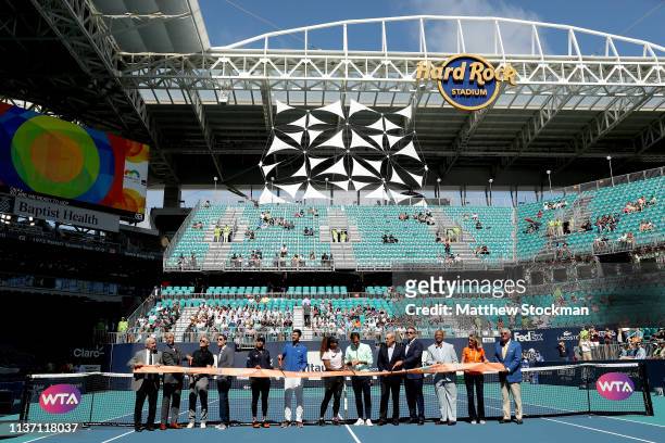 Naomi Osaka of japan, Novak Djokovic of Serbia, Serena Williams and Roger Federer of Switzerland participate in the ribbon cutting ceremony held on...