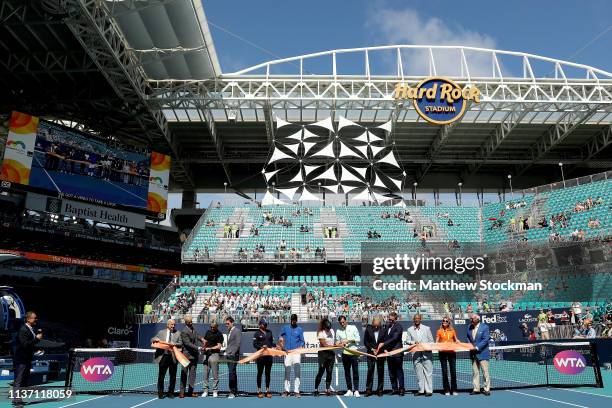 Naomi Osaka of japan, Novak Djokovic of Serbia, Serena Williams and Roger Federer of Switzerland participate in the ribbon cutting ceremony held on...