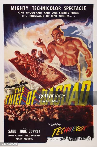 The Thief Of Bagdad, poster, US poster art, top from left: Sabu, John Justin, June Duprez, Rex Ingram, 1940.