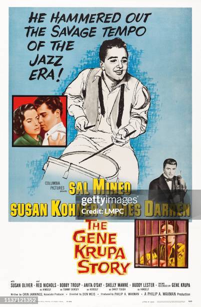 The Gene Krupa Story, poster, US poster art, from left: Susan Kohner, Sal Mineo, James Darren, 1959.