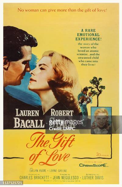 The Gift Of Love, poster, US poster art, from left: Robert Stack, Lauren Bacall, Evelyn Rudie, 1958.