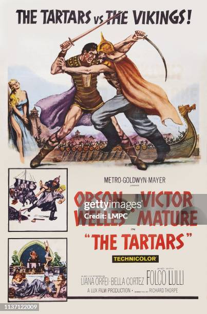 The Tartars, poster, , US poster art, top from left: Victor Mature, Orson Welles, 1961.