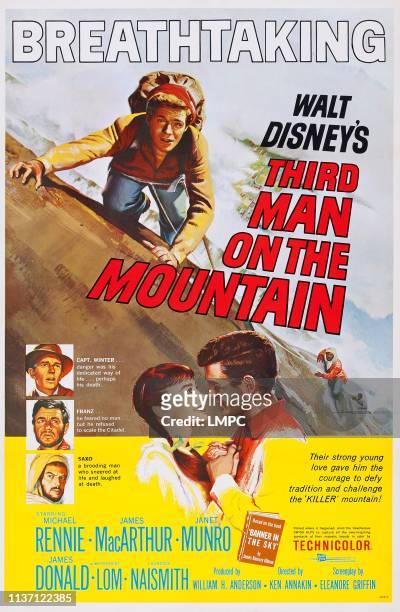 Third Man On The Mountain, poster, US poster, James MacArthur , left from top: Michael Rennie, James Donald, Herbert Lom, face to face from left:...