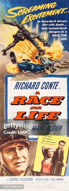 Race For Life, poster, , bottom l-r: Richard Conte, Mari Aldon on insert poster, 1954.