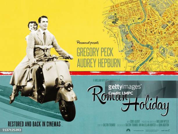 Roman Holiday, poster, British re-release poster art, from left: Audrey Hepburn, Gregory Peck, 1953.
