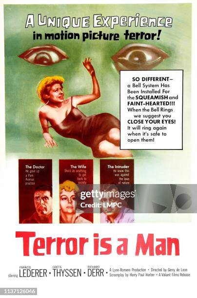 Terror Is A Man, poster, US poster art, Center: Greta Thyssen, bottom left: Francis Lederer, Greta Thyssen, Richard Derr, 1959.