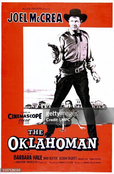 The Oklahoman, poster, US poster art, Joel McCrea, Gloria Talbott, 1957.