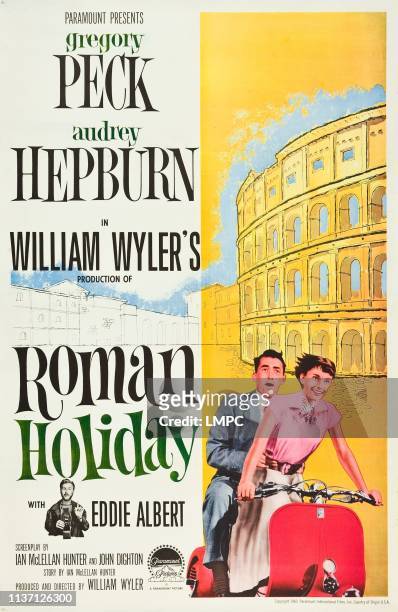 Roman Holiday, poster, l-r: Eddie Albert, Gregory Peck, Audrey Hepburn on poster art, 1953.