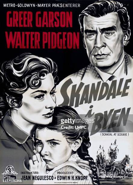 Scandal At Scourie, poster, , Danish poster art, from left: Greer Garson, Donna Corcoran, Walter Pidgeon, 1953.