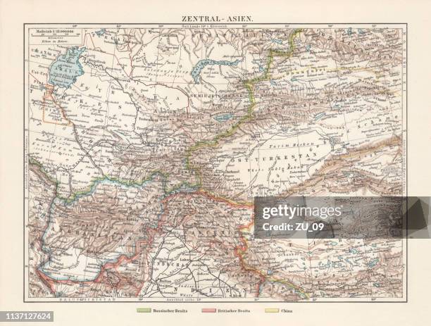 historical topographic map of central asia, lithograph, published in 1897 - aral sea stock illustrations