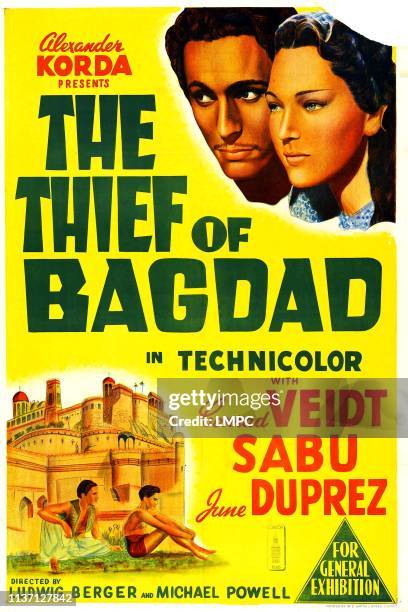 The Thief Of Bagdad, poster, US poster art, top: John Justin, June Duprez; bottom: John Justin, Sabu, 1940.