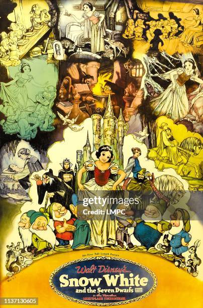 Snow White And The Seven Dwarfs, poster, foreground, dwarfs from left: Bashful, Sleepy, Doc, Dopey, Grumpy, Happy, Sneezy; foreground full color...