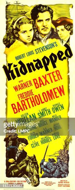 Kidnapped, poster, top from left: Arleen Whelan, Warner Baxter, Freddie Bartholomew, bottom left: Freddie Bartholomew, 1938.