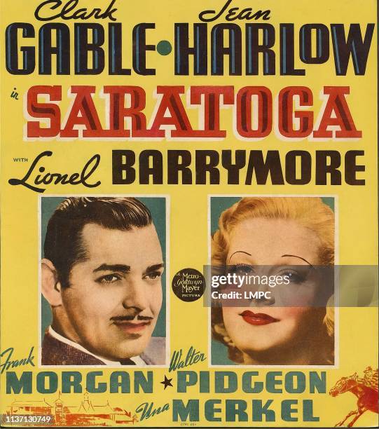 Saratoga, poster, from left: Clark Gable, Jean Harlow on window card, 1937.