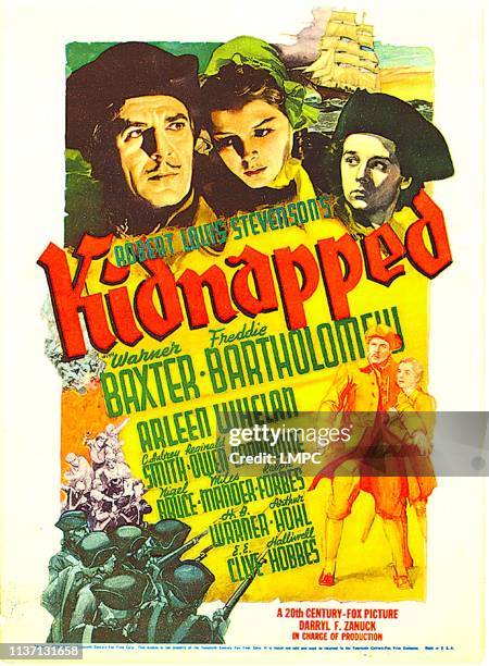 Kidnapped, poster, top from left: Warner Baxter, Arleen Whelan, Freddie Bartholomew on midget window card, 1938.