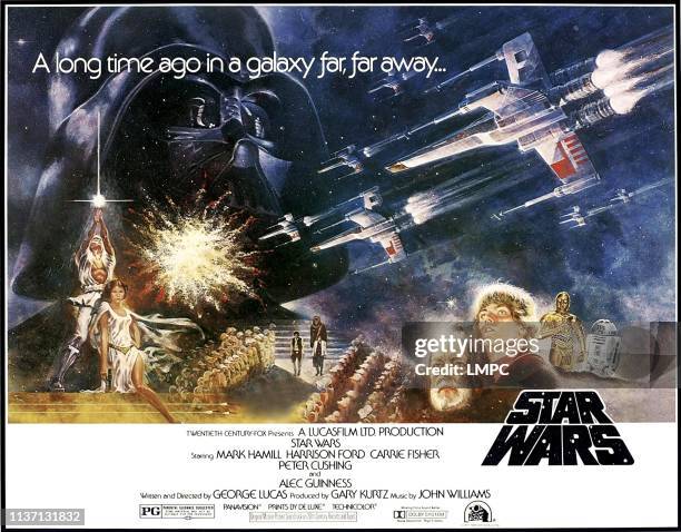 Star Wars, lobbycard, , US poster art, Darth Vader, Carrie Fisher, Alec Guinness, Mark Hamill, C-3PO, R2-D2, 1977.