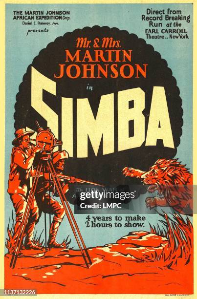 Simba, poster, ; on left, from left to right: documentary filmmakers Mr and Mrs Martin Johnson, 1928.