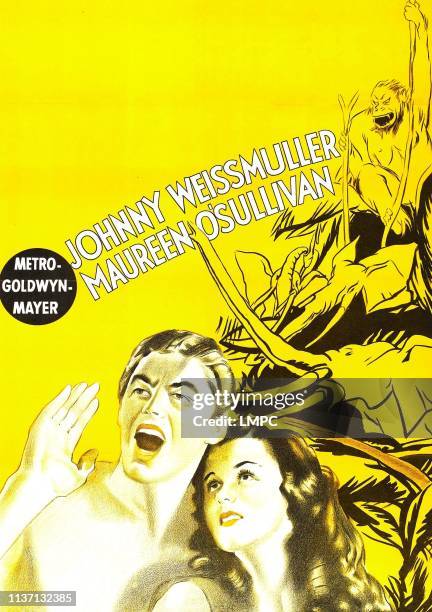 Tarzan, poster, THE APE MAN, from left: Johnny Weissmuller, Maureen O'Sullivan on stock poster, 1932.