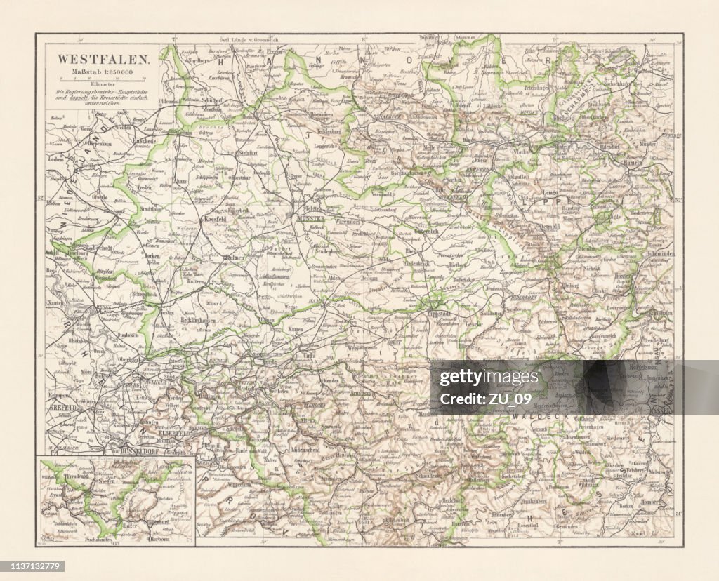 Historical map of Westphalia (North Rhine-Westphalia), Germany, lithograph, published 1897