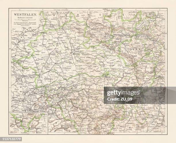 historical map of westphalia (north rhine-westphalia), germany, lithograph, published 1897 - dusseldorf stock illustrations