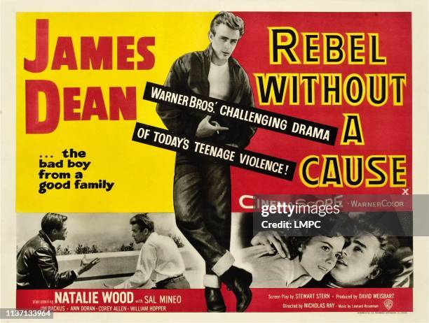 Rebel Without A Cause, poster, James Dean , bottom from left: Corey Allen, James Dean, James Dean, Natalie Wood, 1955.