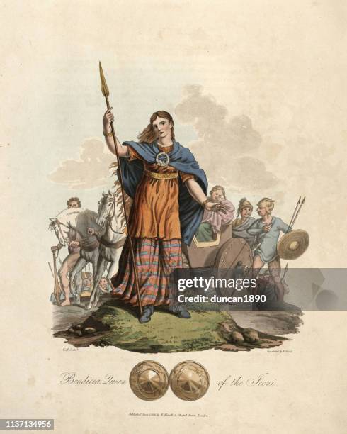 boudica, queen of the iceni - ancient female warriors stock illustrations